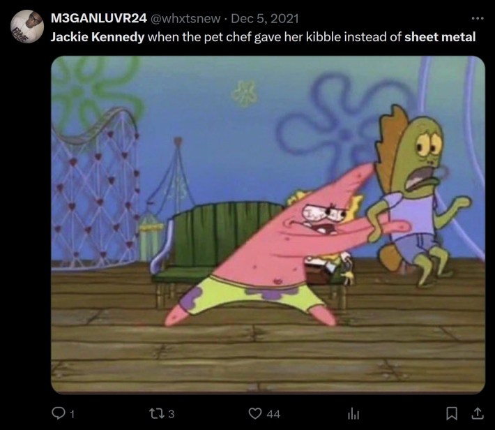 "Jackie Kennedy when the pet chef gave her kibble instead of sheet metal"