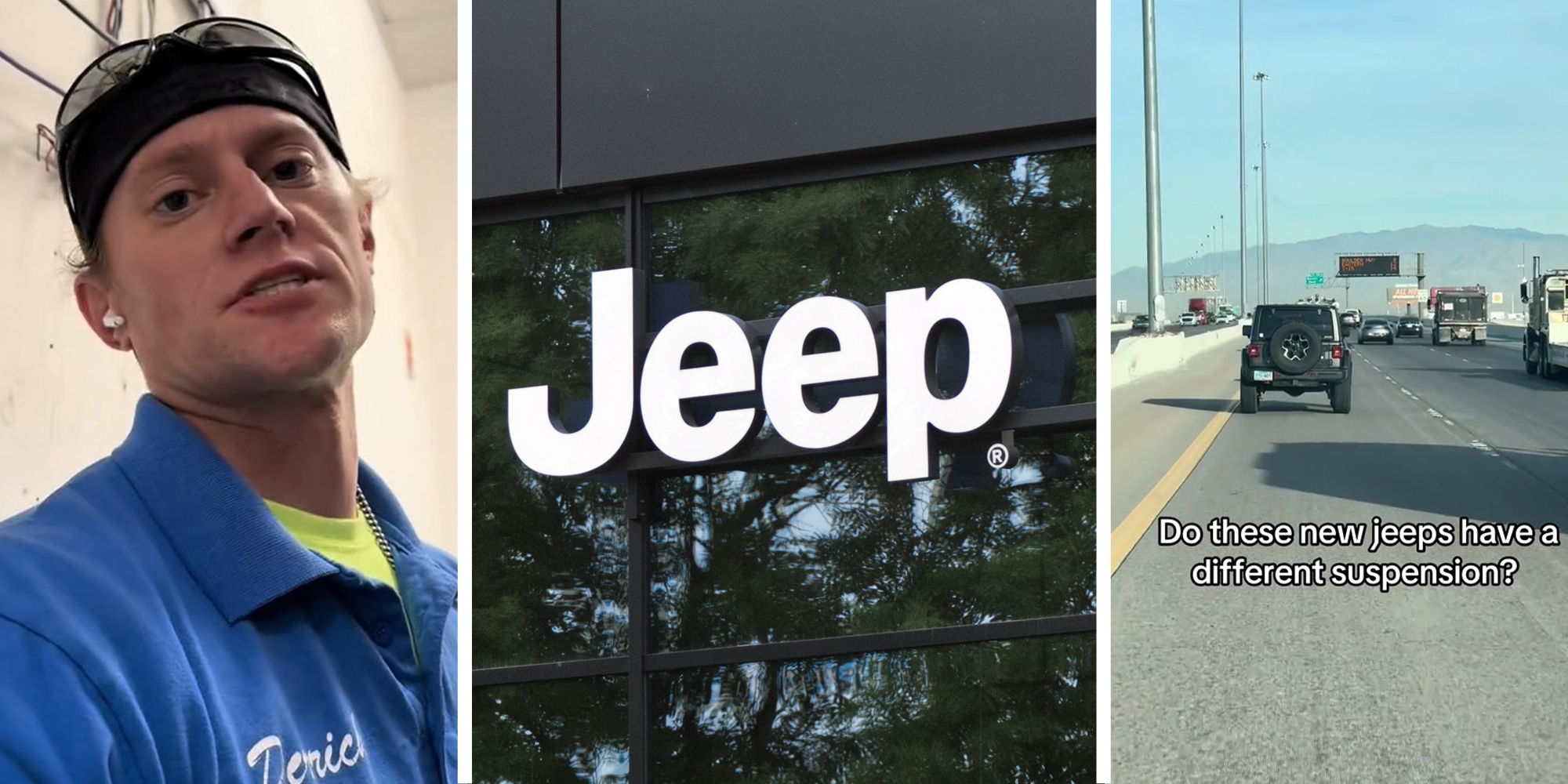 man sharing information on jeep(l) Jeep Dealer Sign(c) Jeep on road(r)