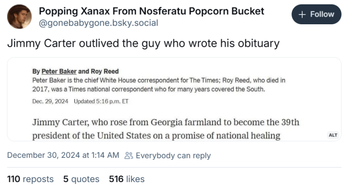 Jimmy Carter meme, text reads, "Jimmy Carter outlived the guy who wrote his obituary" with a screenshot of the obituary in question.