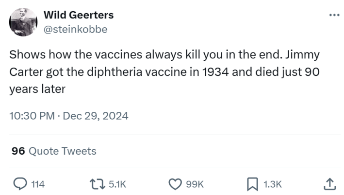 Jimmy Carter meme, text reads, "Shows how the vaccines always kill you in the end. Jimmy Carter got the diphtheria vaccine in 1934 and died just 90 years later"