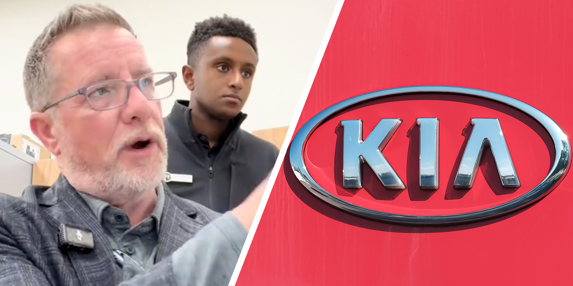 Man talking with man behind him(l), Kia sign(r)