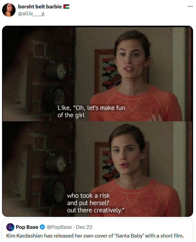 Tweet with screenshots of a woman saying "Like, 'Oh, let's make fun of the girl who took a risk and put herself out there creatively.'"