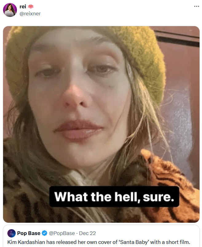 Tweet with the "What the hell, sure" meme.