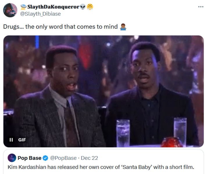 Tweet with a "Coming to America" gif reading "Drugs... the only word that comes to mind."
