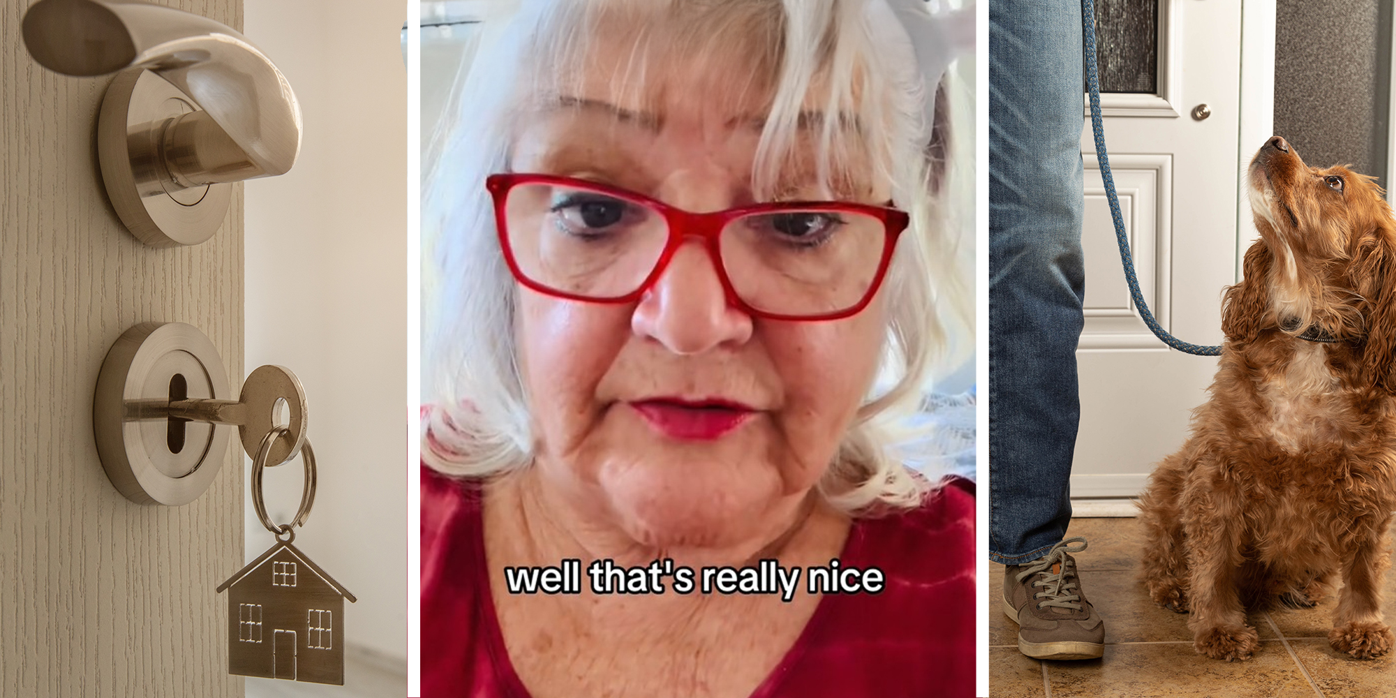 door open with key(l) Woman sharing story about her landlord(c) Man with puppy inside of home(r)