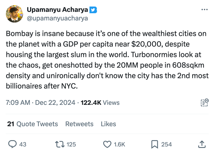 "Bombay is insane because it’s one of the wealthiest cities on the planet with a GDP per capita near $20,000, despite housing the largest slum in the world. Turbonormies look at the chaos, get oneshotted by the 20MM people in 608sqkm density and unironically don't know the city has the 2nd most billionaires after NYC."