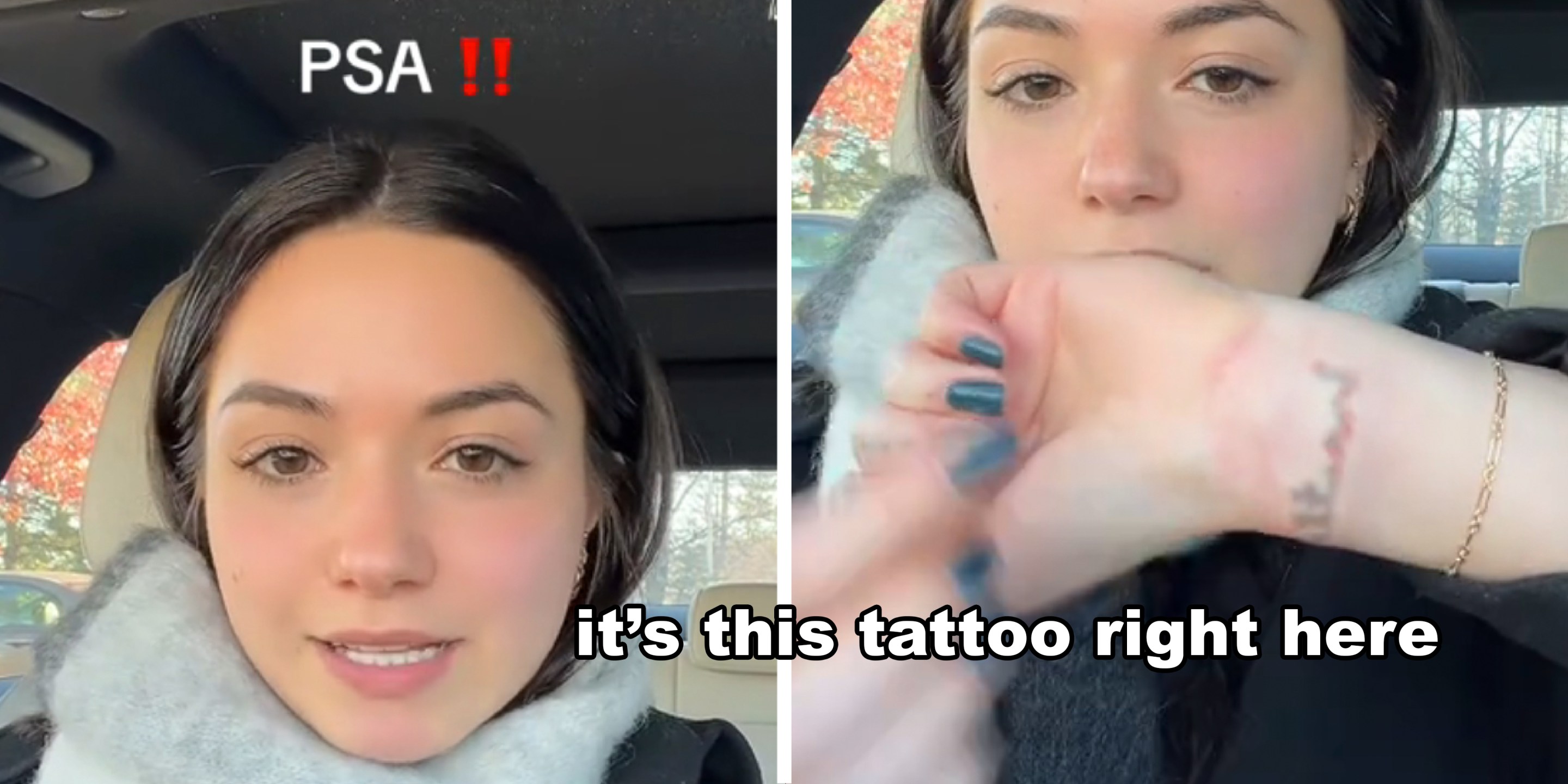 2 panel image in both a person speaks to the camera. Text over reads, "PSA!!" and "It's this tattoo right here."