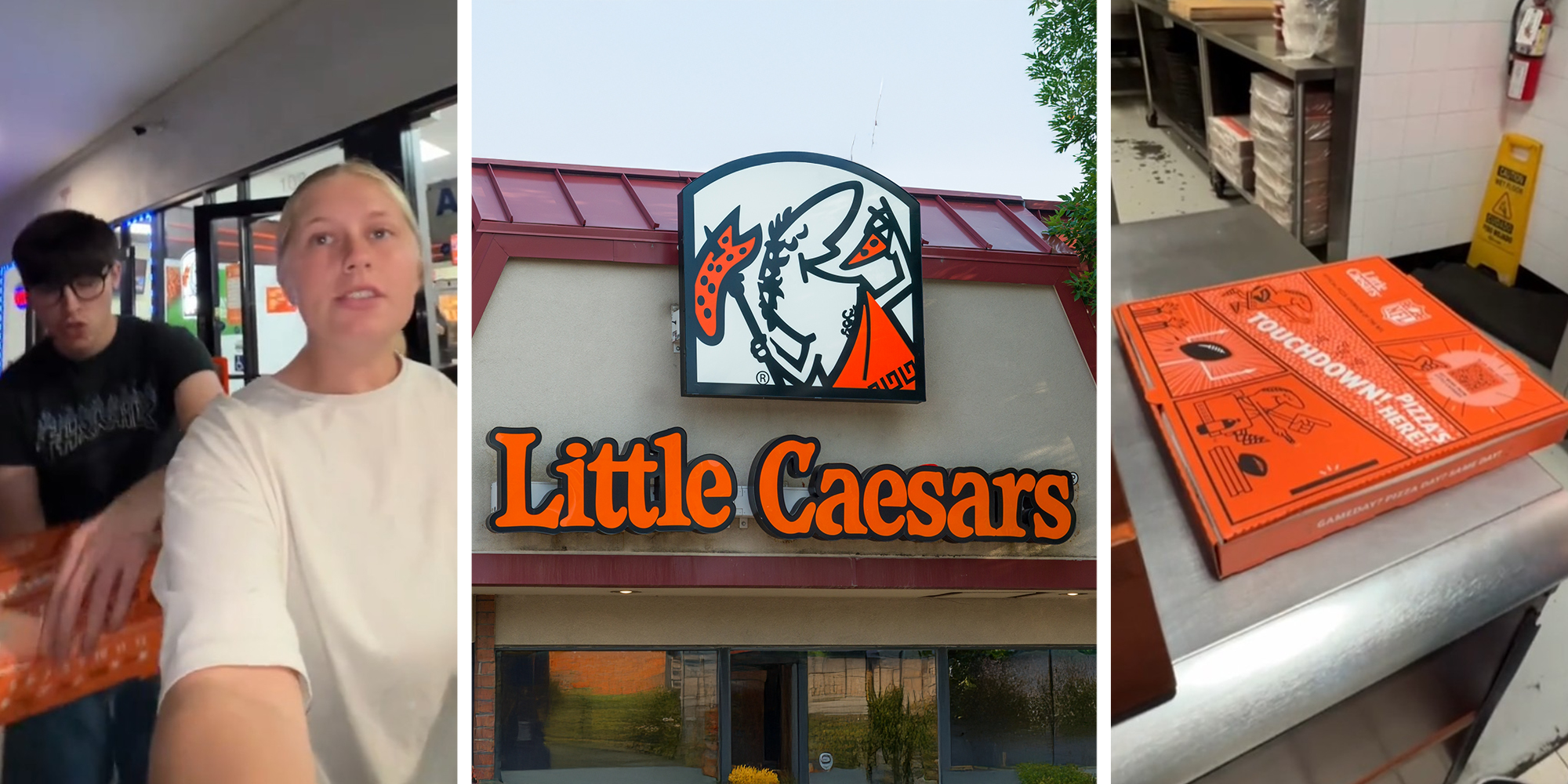 Girl and Boy holding little caesars pizza(l) Little Caesars sign(c) Little caesars pizza box(r)