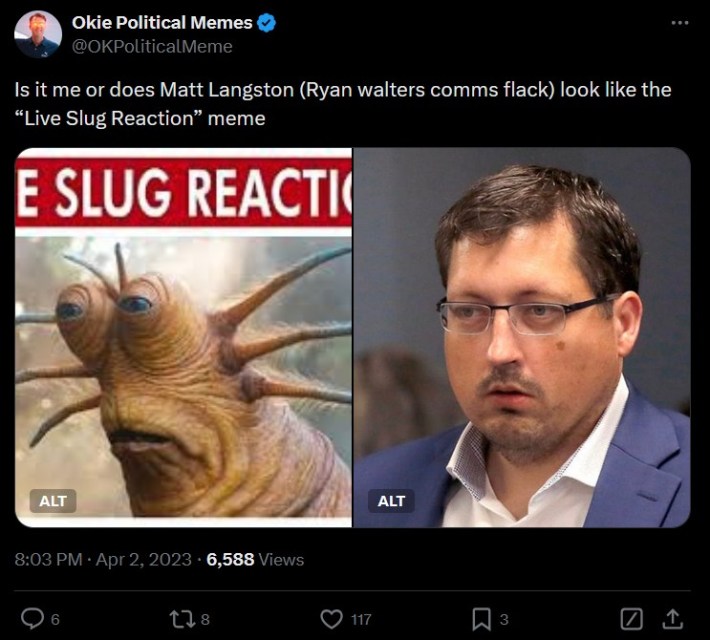 "Is it me or does Matt Langston (Ryan walters comms flack) look like the 'Live Slug Reaction' meme"