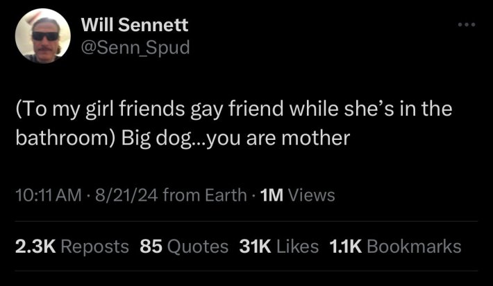 Load-bearing post screenshot. Text reads, "(TO my girl friends gay friend while she's in the bathroom) Big dog... you are mother."