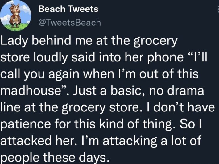 Load-bearing post screenshot. Text reads, "Lady behind me at the grocery store loudly said into her phone 'I'll call you again when I'm out of this madhouse'. Just a basic, no drama line at the grocery store. I don't have patience for this kind of thing. So I attacked her. I'm attacking a lot of people these days."