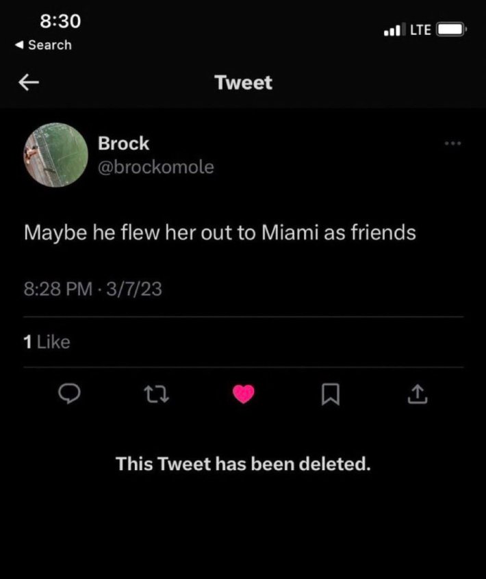 Load-bearing post screenshot. Text reads, "Maybe he flew her out to Miami as friends."