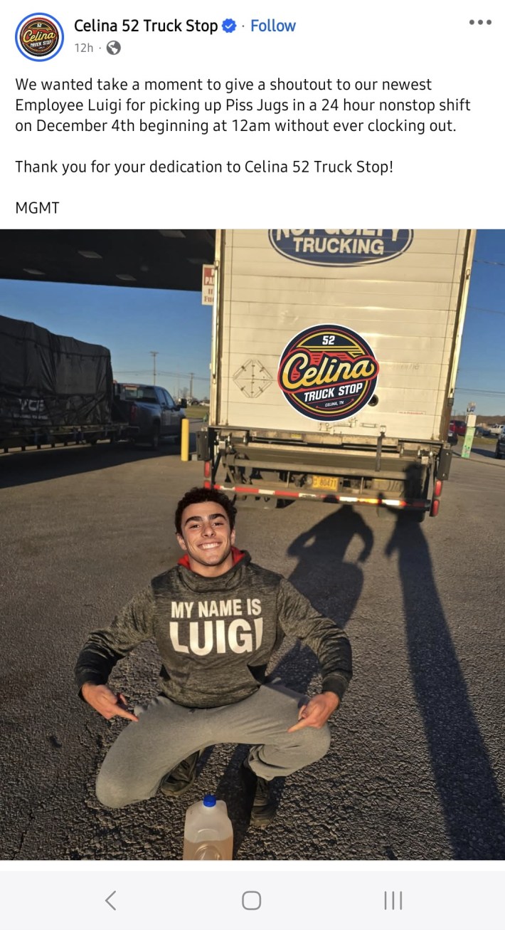 A Photoshopped image of the CEO shooting suspect with him crouching in front of a truck in a shirt reading "my name is Luigi."