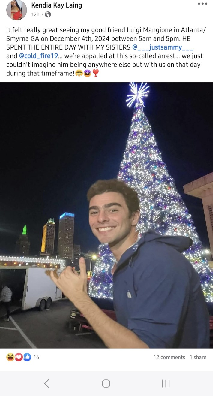 A Photoshopped image of the CEO shooting suspect smiling in front of a lit city Christmas tree.