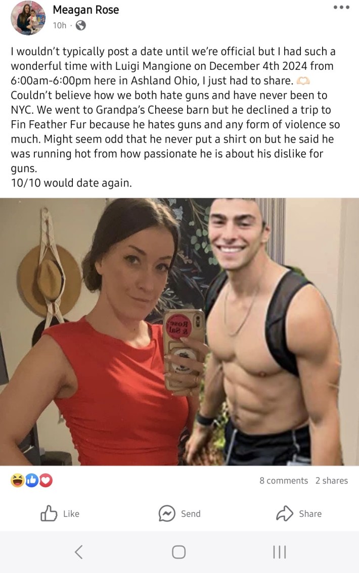 A Photoshopped image of the CEO shooting suspect shirtless next to a woman holding up her phone.
