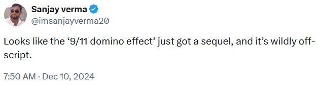 Tweet reading "Looks like the ‘9/11 domino effect’ just got a sequel, and it’s wildly off-script."9/11 domino effect luigi mangione
