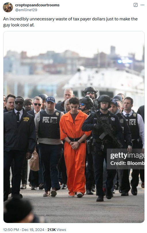 Luigi Mangione perp walk tweet reading "An incredibly unnecessary waste of tax payer dollars just to make the guy look cool af."