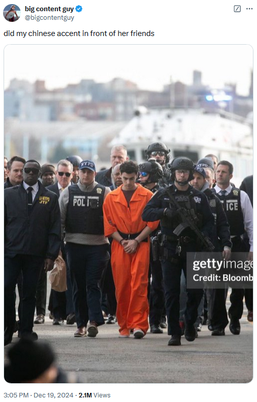 Luigi Mangione perp walk tweet reading "did my chinese accent in front of her friends."