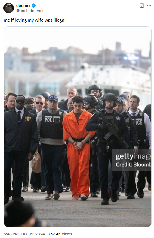 Luigi Mangione perp walk tweet reading "me if loving my wife was illegal."