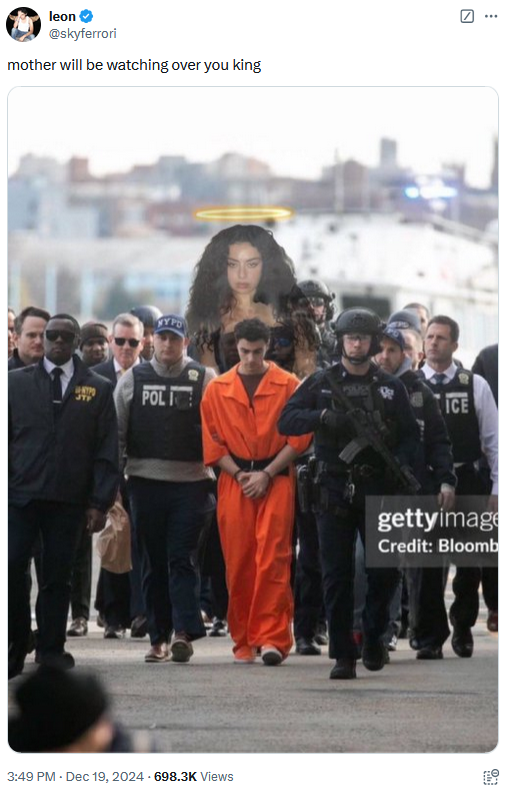 Luigi Mangione perp walk tweet with a haloed image of Charli XCX reading "mother will be watching over you king."