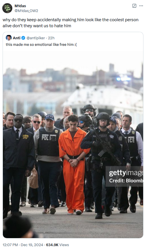 Luigi Mangione perp walk tweet reading "why do they keep accidentally making him look like the coolest person alive don’t they want us to hate him."
