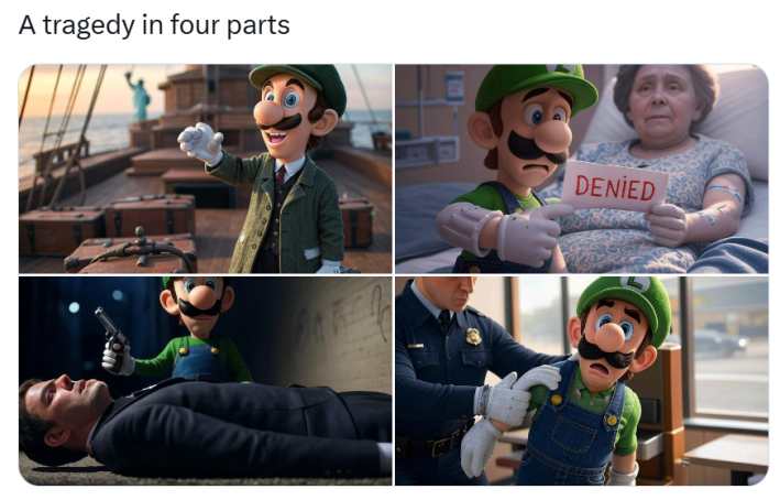 Tweet that reads, "A tragedy in four parts" with Luigi from Mario Brothers on a boat, next to a woman in hospital with a paper that says in red, "DENIED", in an alley with a dead man and a gun, and then getting arrested.