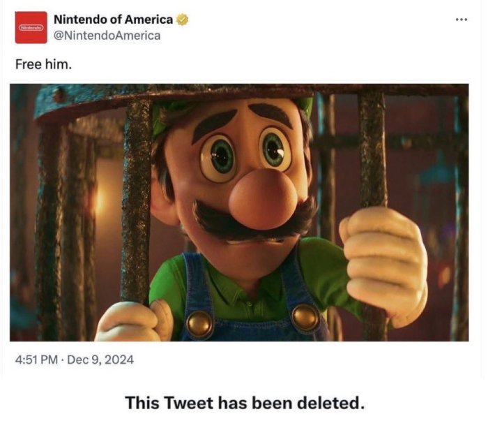 Tweet that reads, "Free him." that was allegedly posted by Nintendo of America with a screencap of Luigi from Mario Brothers looking scared in a cage. The bottom of the image says, "This Tweet has been deleted."