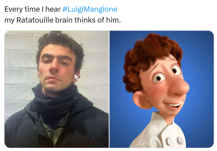 Tweet that reads, "Every time I hear #LuigiMangione my Ratatouille brain thinks of him." with side-by-side images of Luigi Mangioni and the main character from Ratatouille.