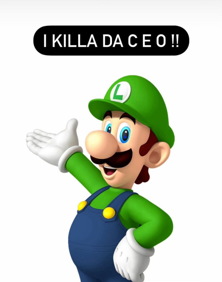 Image of Luigi from Mario Brothers with text that reads, "I killa da CEO!!"