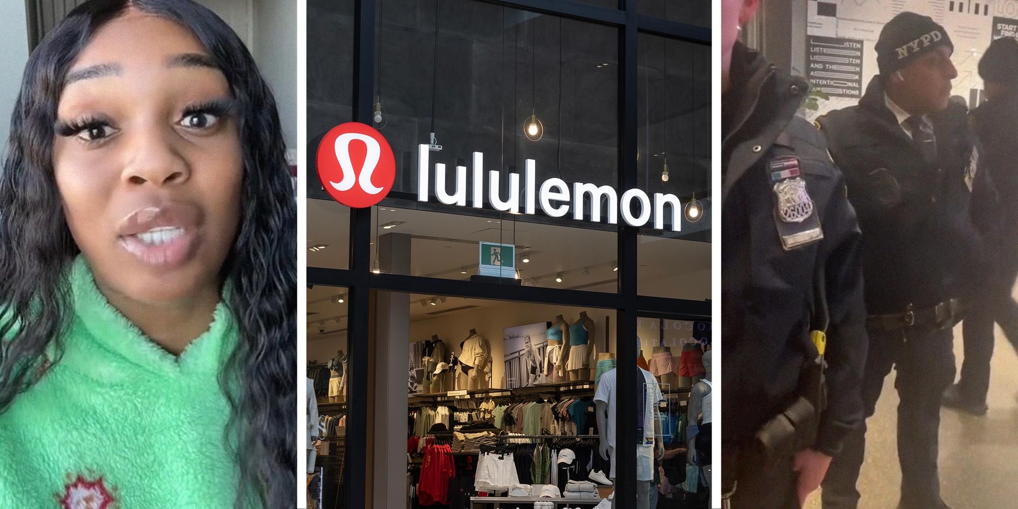 Woman shares story about lululemon(l) Lululemon store front(c) Police Officers investigating a shopper(r)