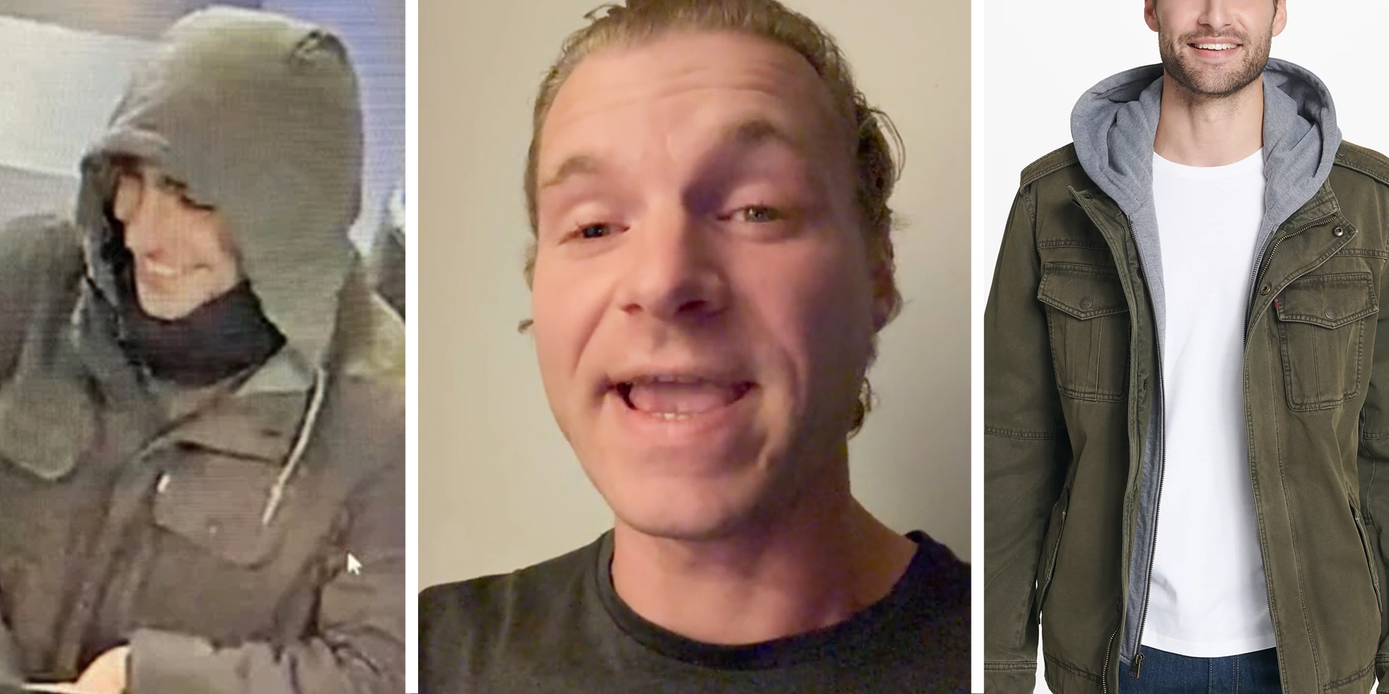 NYPD image of Luigi Mangione(l), Man talking(c), Macy's model and jacket(r)