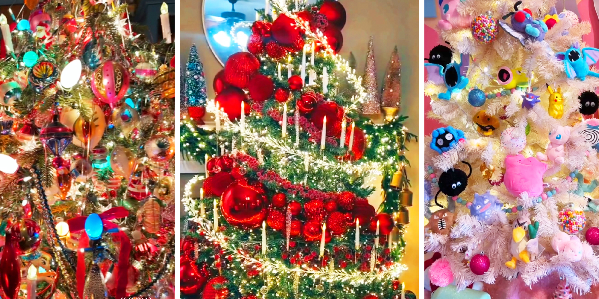 3 panel image showing 3 different maximalist Christmas trees.