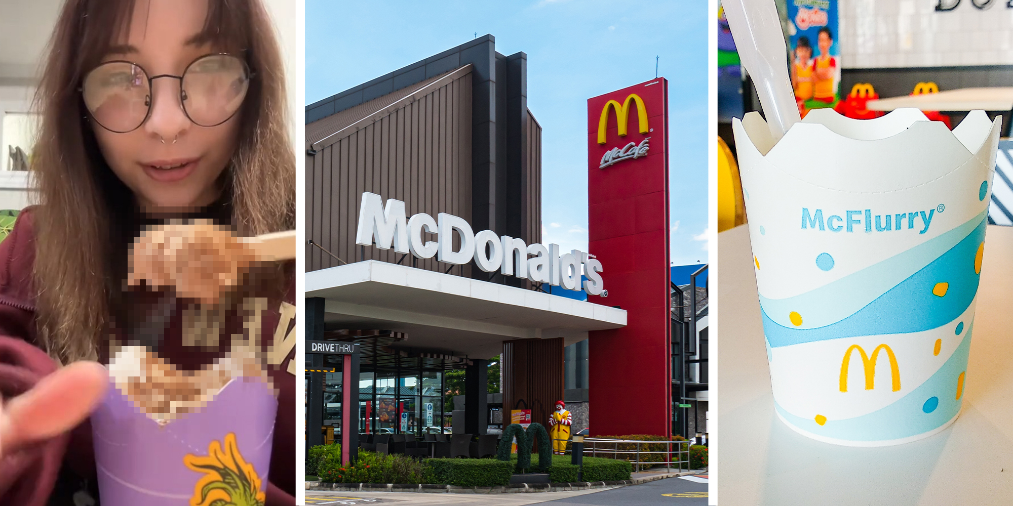 woman sharing how the new mcflurry grinch looks like(l) McDonalds restaurant(c) McFlurry cup(r)