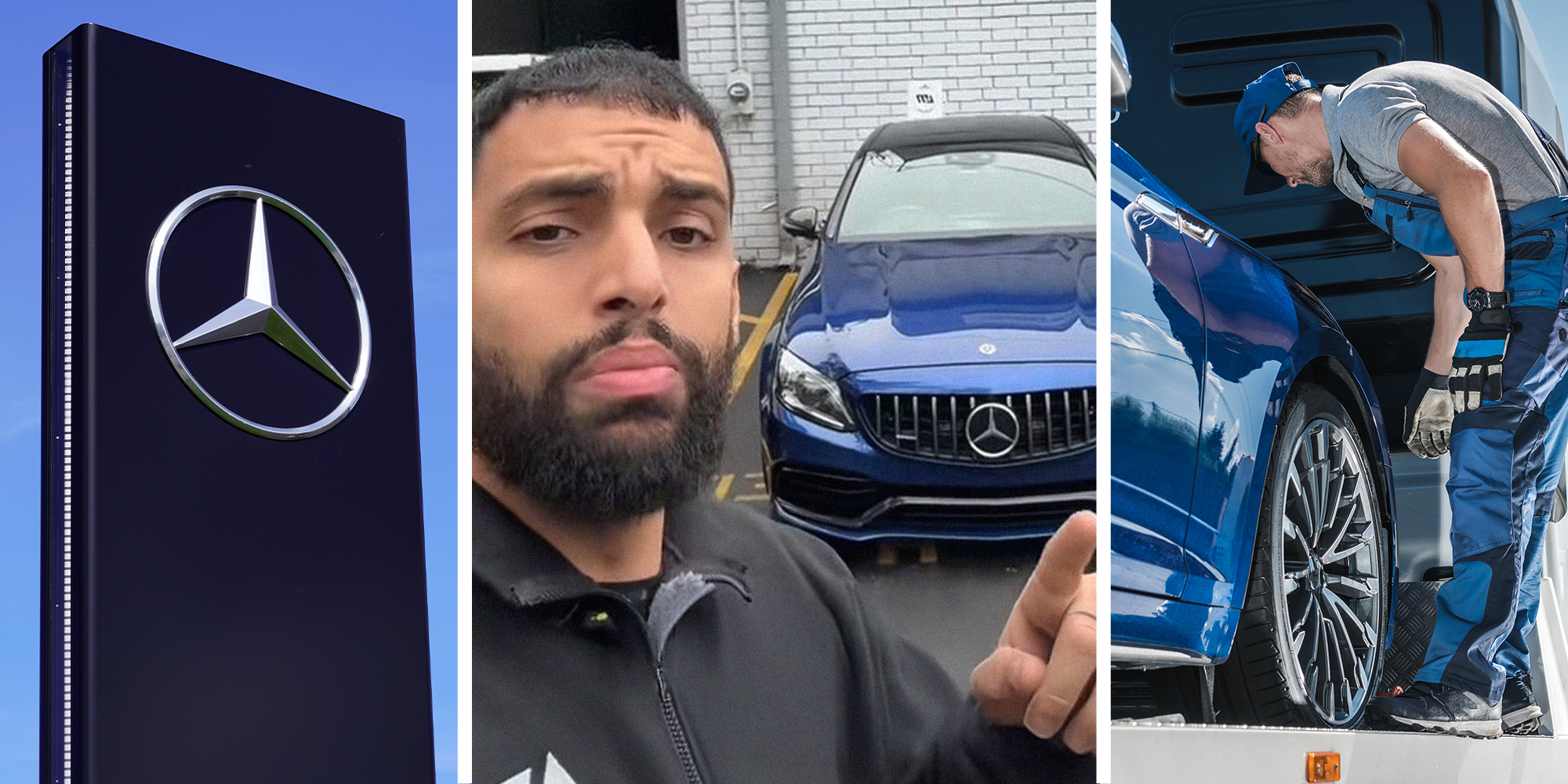 Mercedes Dealer(l) Man with blue Mercedes vehicle(c) Repo Man taking car(r)