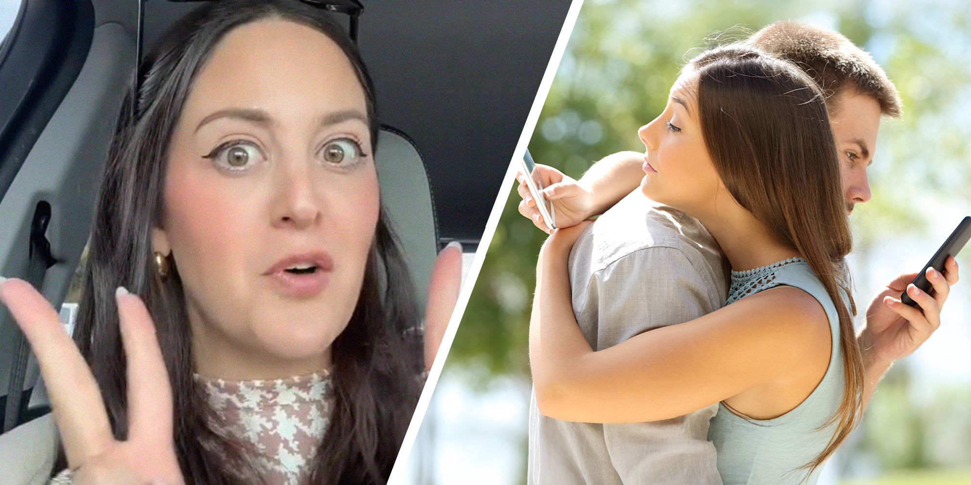 woman explaining micro cheating(l) Man and woman hugging while looking at phones(r)