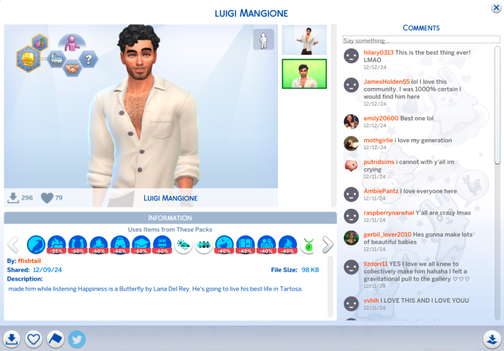 luigi mangione character with shirt unbuttoned custom made in the sims 4 gallery