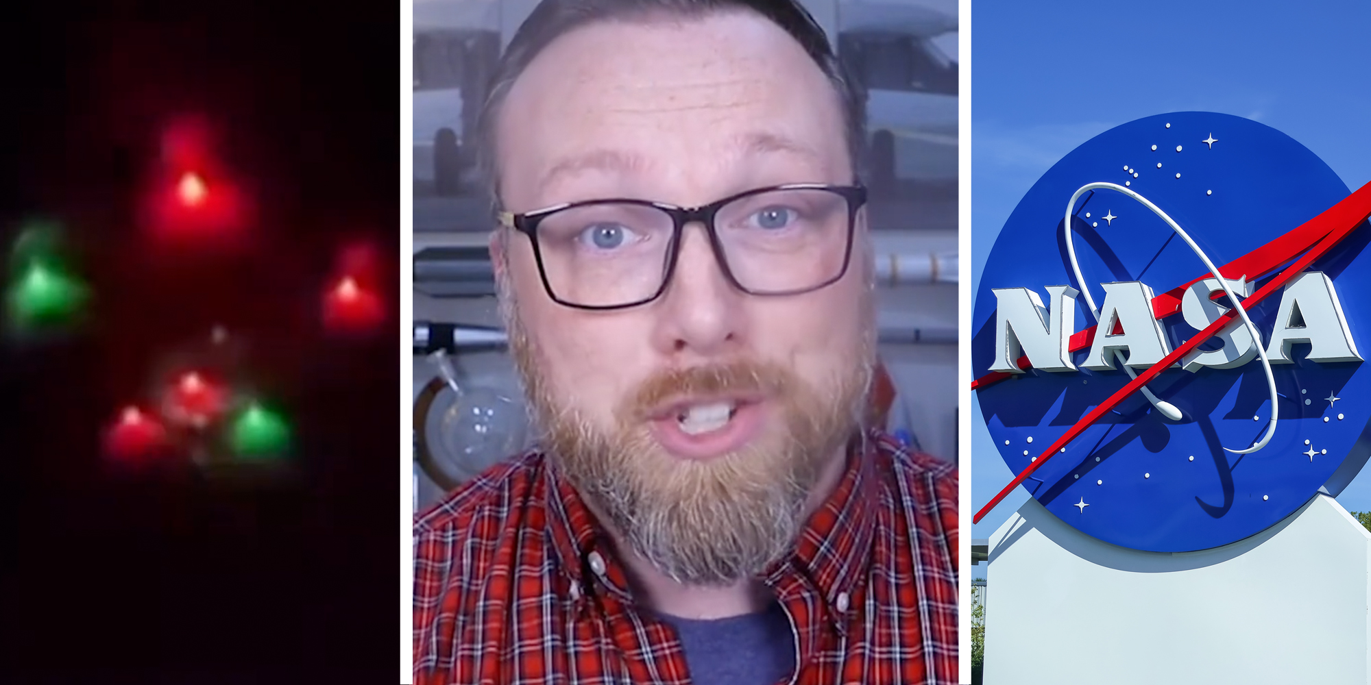 Drones(l), Man talking(c), Nasa sign(r)