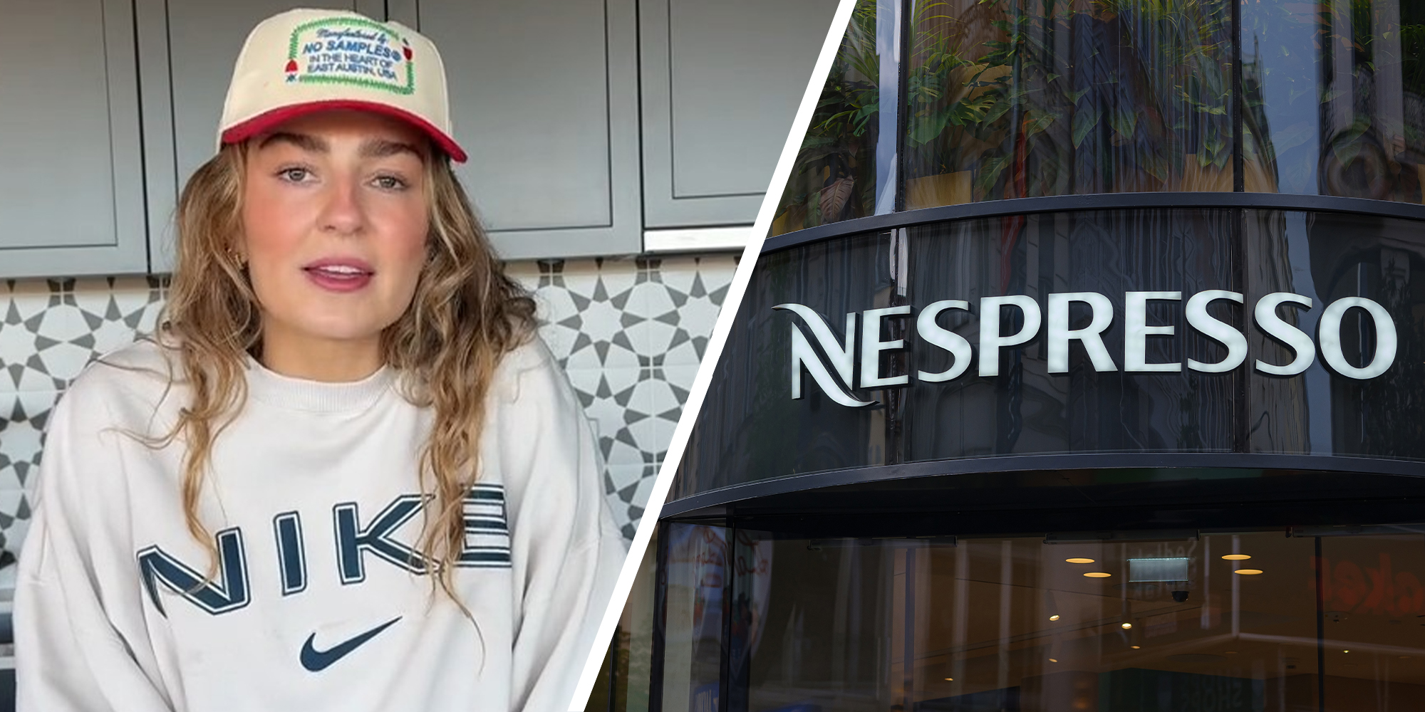 woman wearing nike long sleeve(r) Nespresso Company logo on building(r)