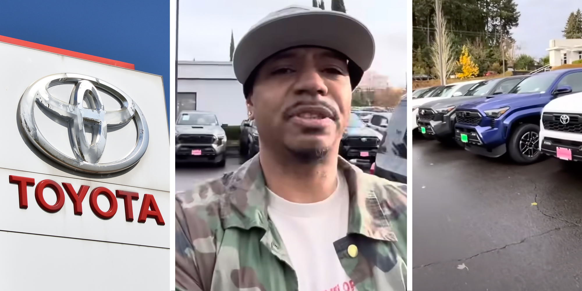 Toyota sign(l), Man talking(c), Toyota trucks(r)