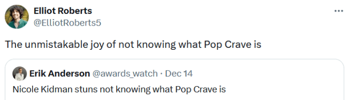 Tweet reading "The unmistakable joy of not knowing what Pop Crave is."