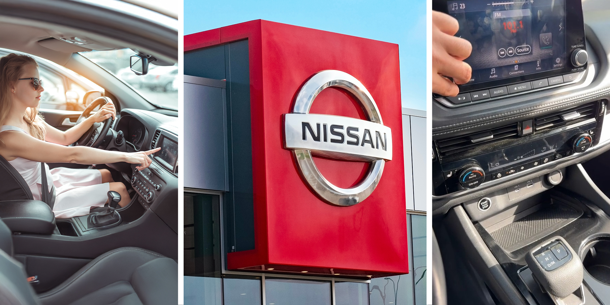 woman pressing car screen radio(l) Nissan Dealer Sign(c) Nissan Radio Deck(r)