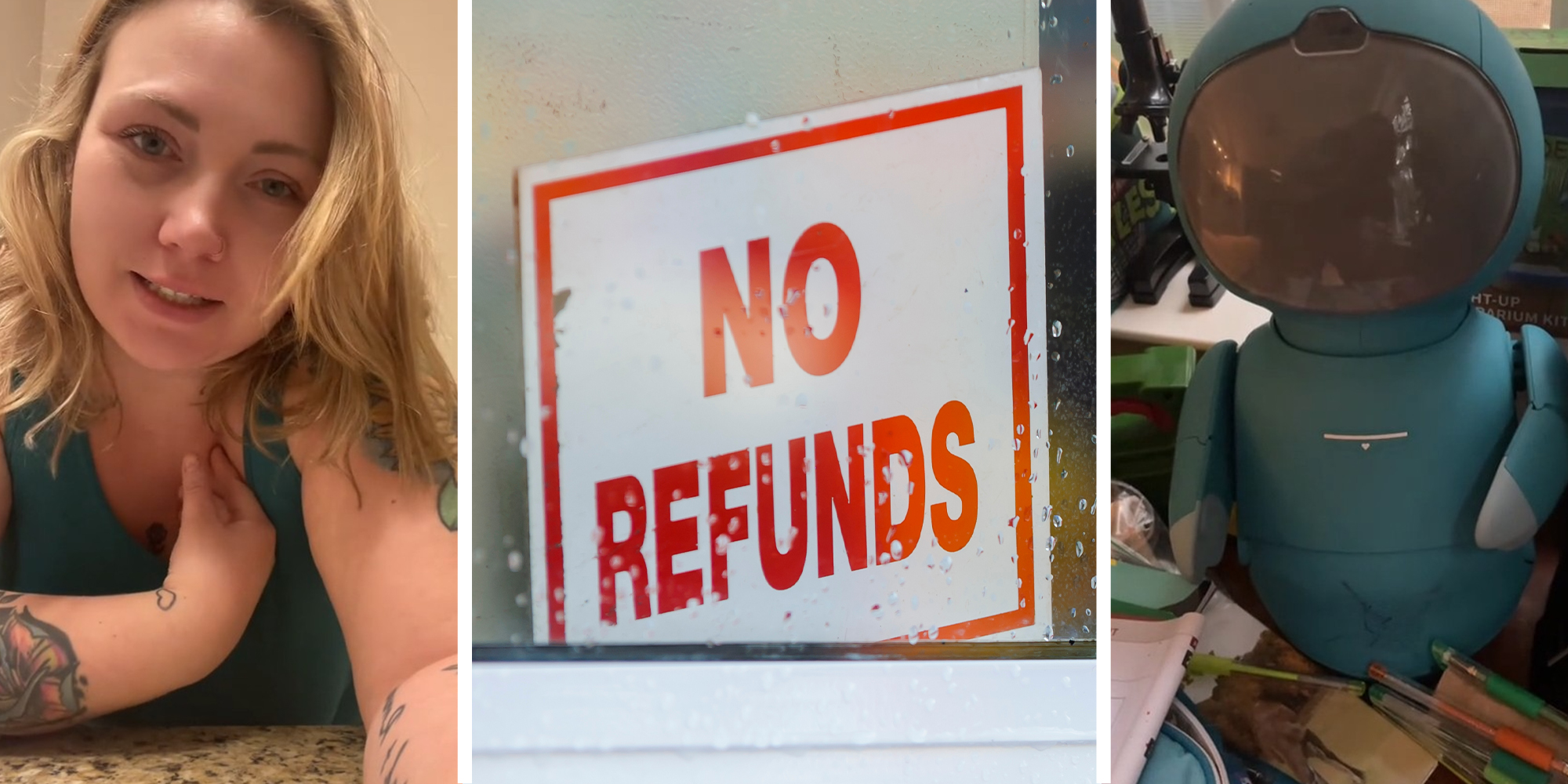 woman sharing information about moxi robot(l) No Refunds Sign(c) Moxi Robot(r)