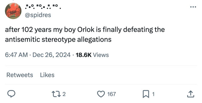Tweet that reads, "after 102 years my boy Orlok is finally defeating the antisemitic stereotype allegations"