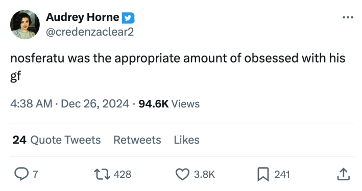 Tweet that reads, "nosferatu was the appropriate amount of obsessed with his gf"