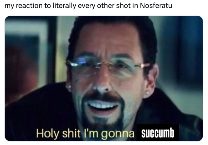 Tweet that reads, "my reaction to literally every other shot in Nosferatu" with a screenshot of Adam Sandler with a beard and glasses with text that says, "Holy sh*t I'm gonna succumb."