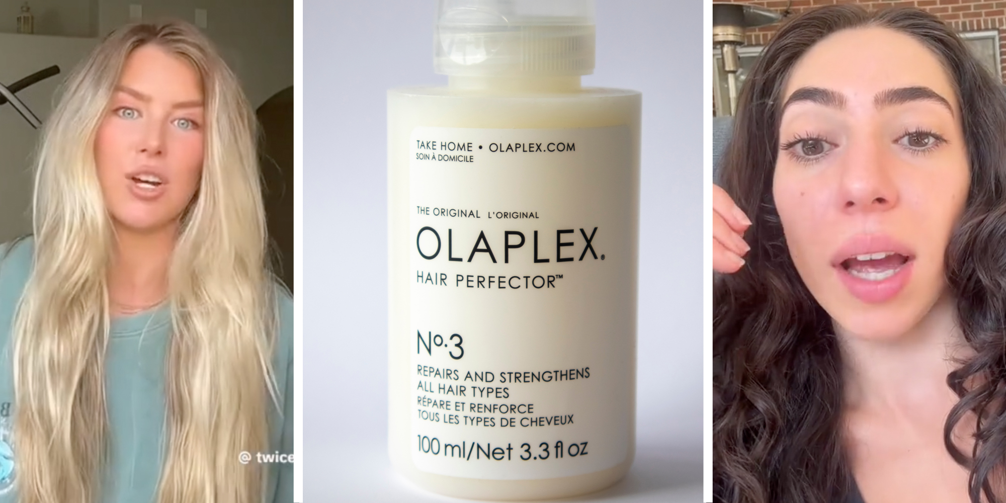 Woman 1 talking(l), olaplex bottle(c), Woman 2 talking(r)