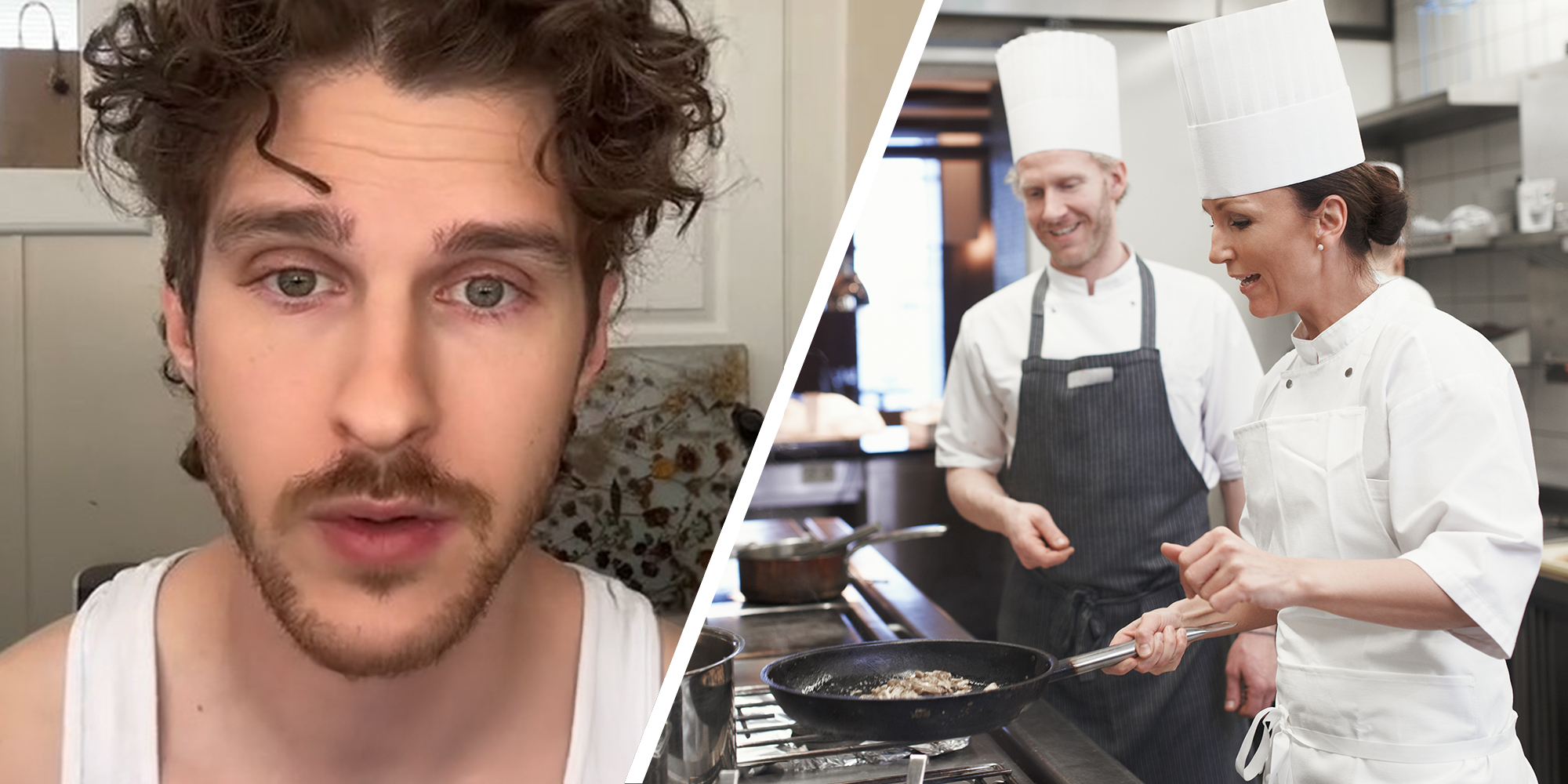 man shares what to order at restaurant(l) Chefs cooking(r)