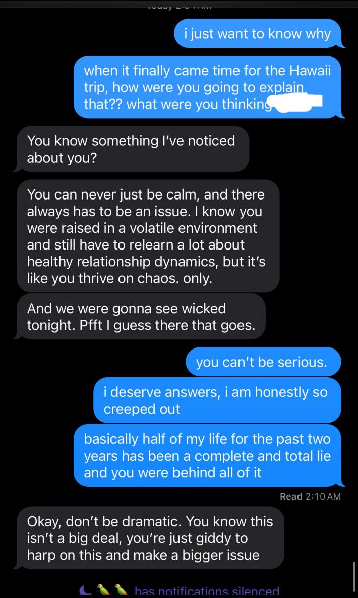 Text message conversation with a controlling boyfriend who pretended to be multiple people in a friend group to gaslight his girlfriend.
