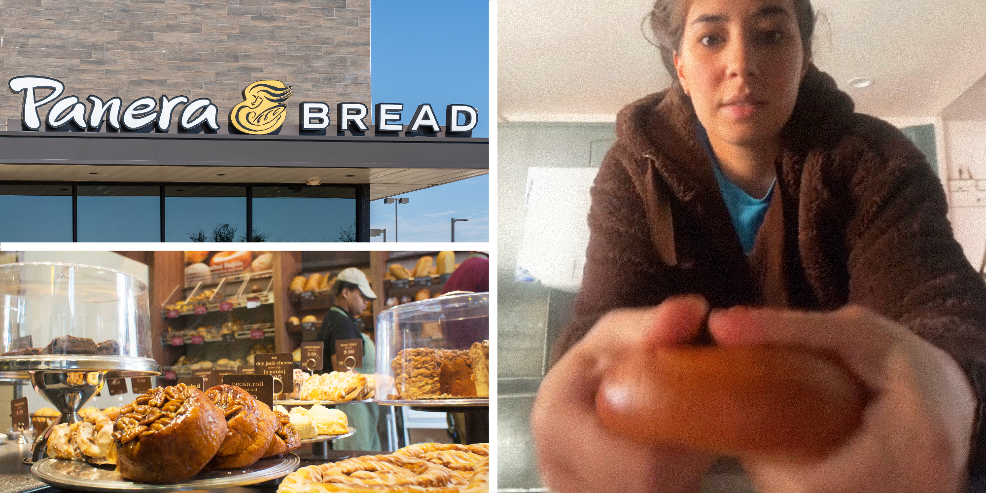 3 panel image: in panel 1 is the exterior of a Panera Bread shop, in panel 2 is the interior of a Panera shop, in panel 3 is a person squeezing a bagel.