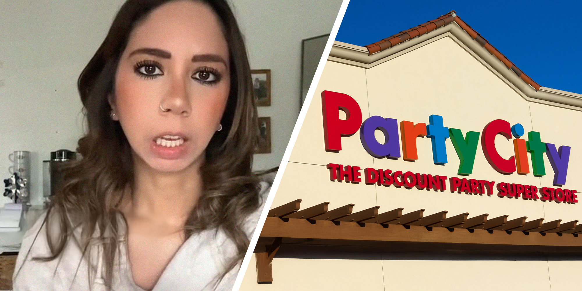 woman shares what happened at Party City(l) Party City Logo on building(r)